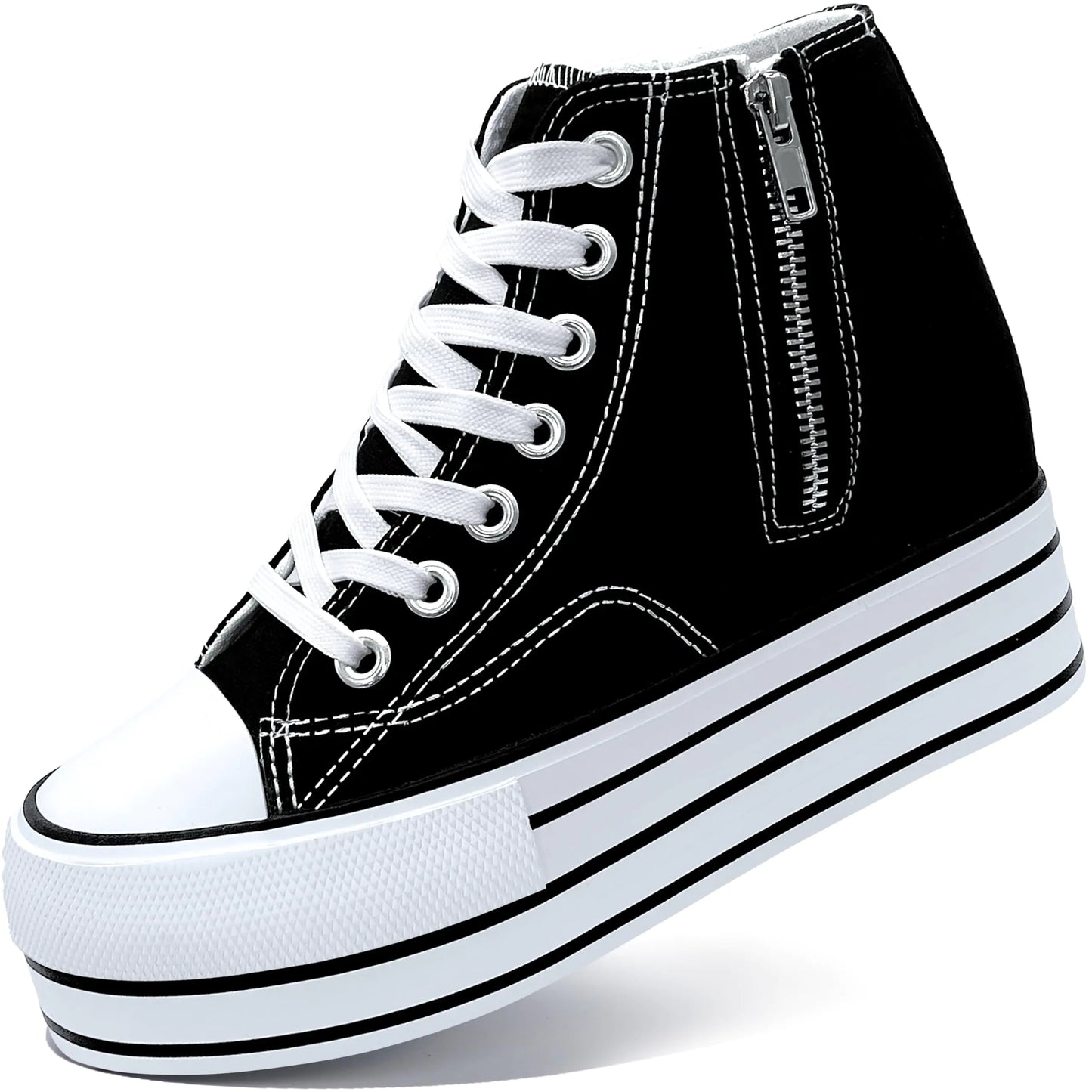 Womens Platform Wedge Sneakers Hidden Wedge 4 Inches Height Boost High Top Canvas Heel Sneakers White Fashion Sneakers for Women and Girls