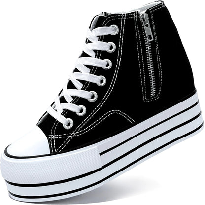 Womens Platform Wedge Sneakers Hidden Wedge 4 Inches Height Boost High Top Canvas Heel Sneakers White Fashion Sneakers for Women and Girls
