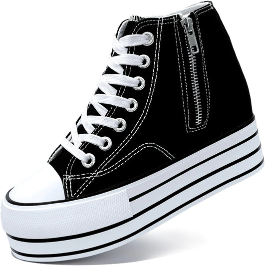 Womens Platform Wedge Sneakers Hidden Wedge 4 Inches Height Boost High Top Canvas Heel Sneakers White Fashion Sneakers for Women and Girls